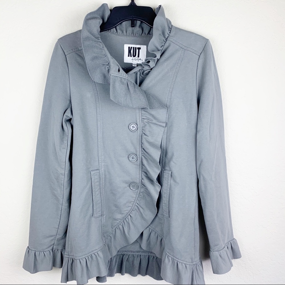 Kut From the Kloth Gray ruffle trimmed jacket,SZ L